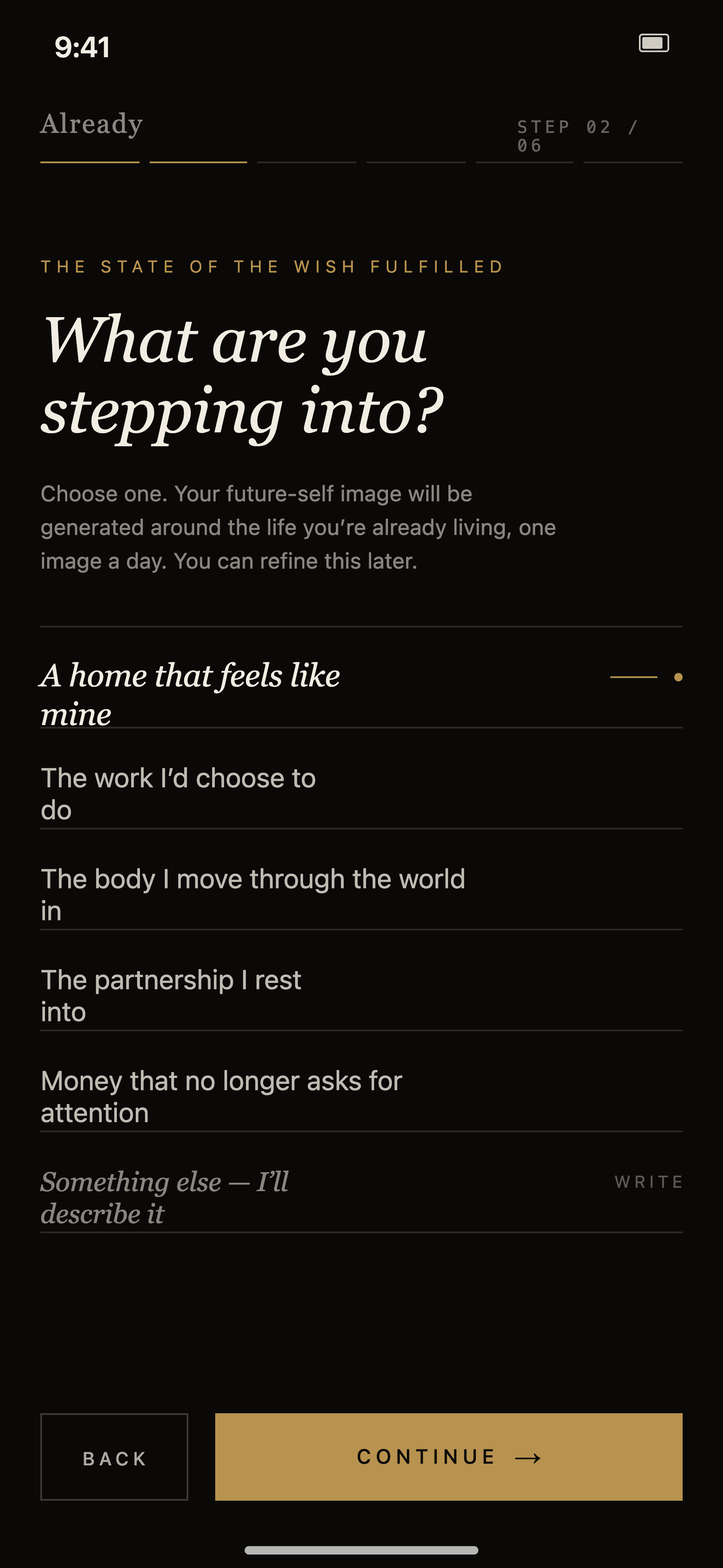 The intent screen where the chosen life is named.